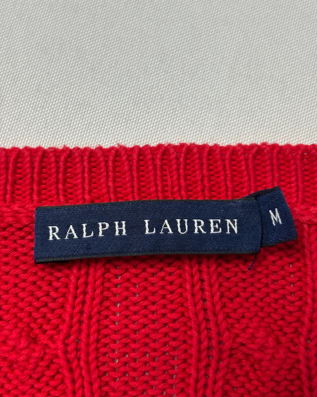 Ralph Lauren Red Cable Knit V-Neck Sweater