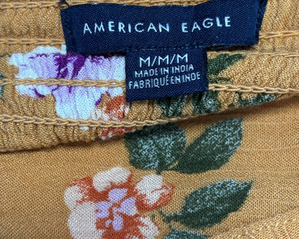 American Eagle Mustard Yellow Floral Button-Front Smocked Dress