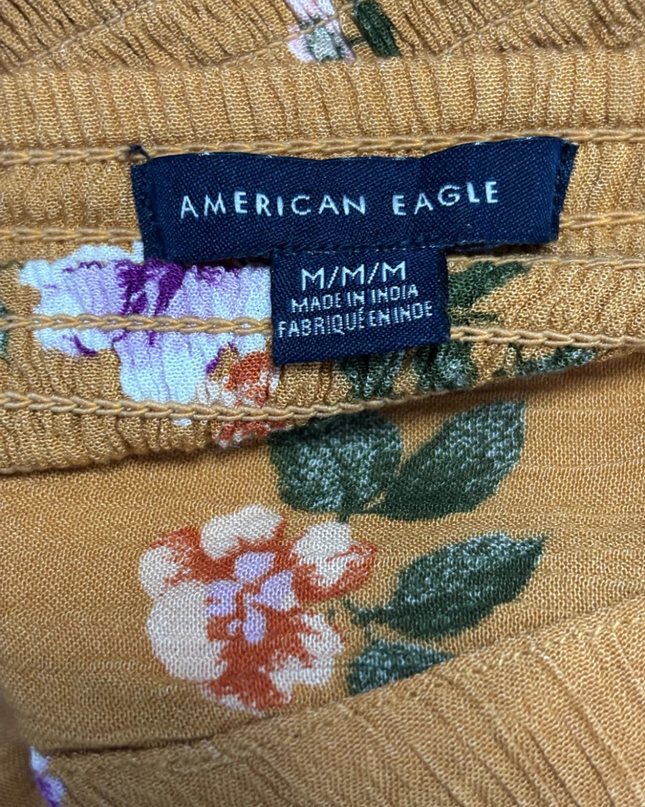 American Eagle Mustard Yellow Floral Button-Front Smocked Dress