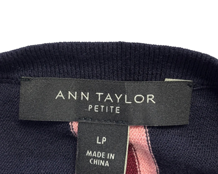Ann Taylor Navy Blue, Burgundy, and Pink Striped Petite Cardigan