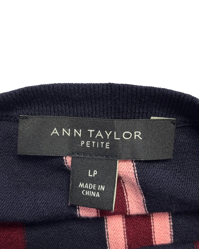 Ann Taylor Navy Blue, Burgundy, and Pink Striped Petite Cardigan
