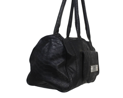 Guess Black Faux Python Satchel Bag with Rhinestone Detail