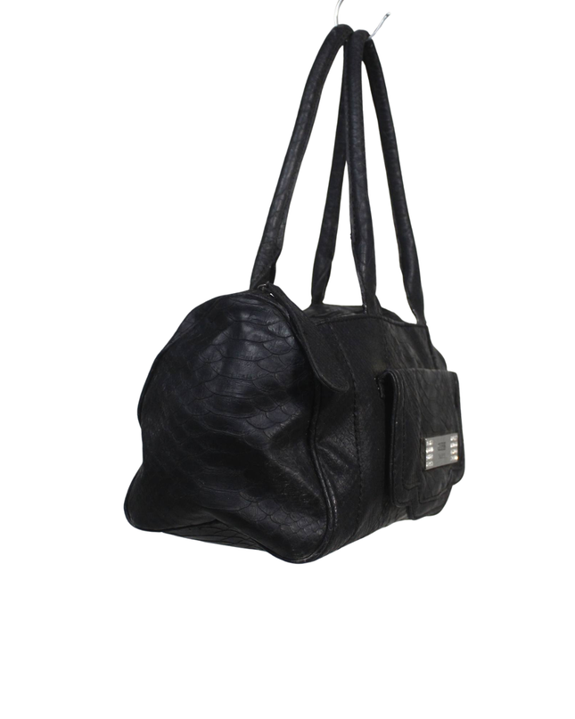 Guess Black Faux Python Satchel Bag with Rhinestone Detail
