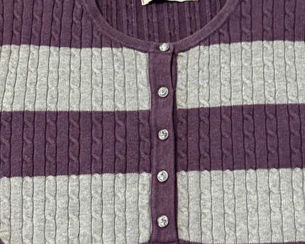 Tommy Hilfiger Purple & Gray Striped Cable Knit Henley Sweater