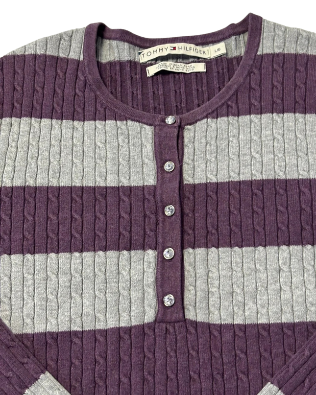 Tommy Hilfiger Purple & Gray Striped Cable Knit Henley Sweater