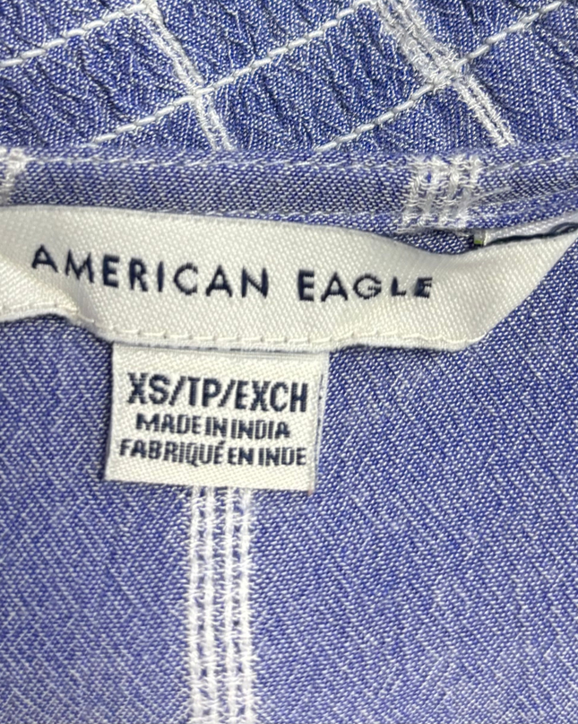 American Eagle Blue/White Striped Tie-Front Smocked Top