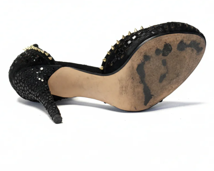 Zara Black Studded and Rhinestone Embellished Ankle Strap Heels