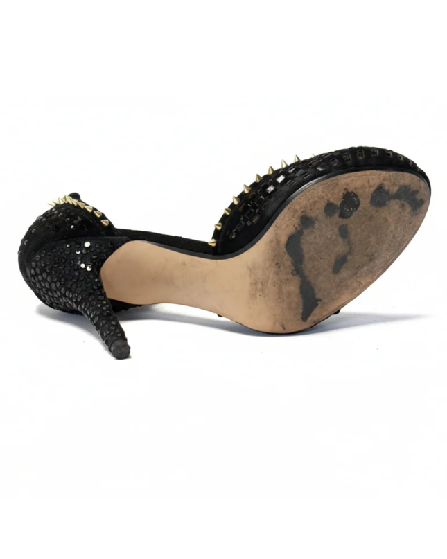 Zara Black Studded and Rhinestone Embellished Ankle Strap Heels