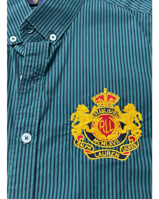 Ralph Lauren Green Striped Custom Fit Crest Shirt