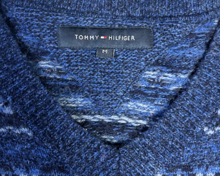 Tommy Hilfiger Blue Fair Isle Pattern V-Neck Knit Sweater