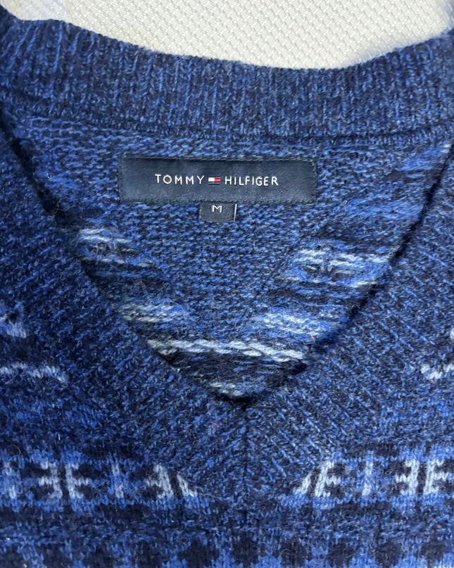 Tommy Hilfiger Blue Fair Isle Pattern V-Neck Knit Sweater