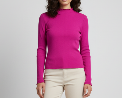 Patch-Stitched Fuchsia Ribbed Long Sleeve Stretch Top