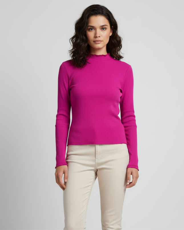 Patch-Stitched Fuchsia Ribbed Long Sleeve Stretch Top