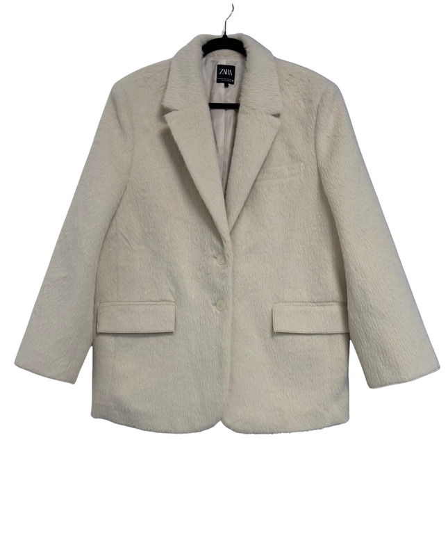 Zara Cream Oversized Textured Faux Fur Blazer Coat