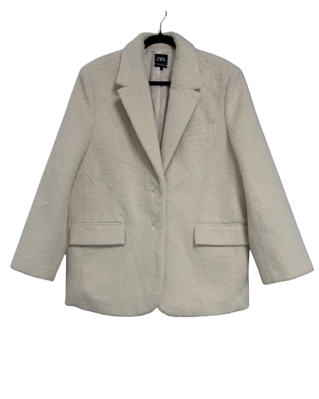 Zara Cream Oversized Textured Faux Fur Blazer Coat