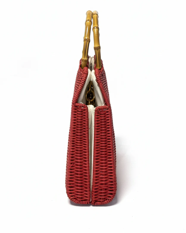 ZARA Red Woven Basket Bag with Bamboo Handles