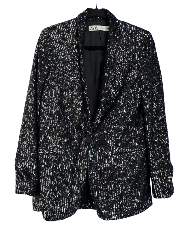 Zara Black Sequin Tailored Blazer and Flared Pants Suit Set