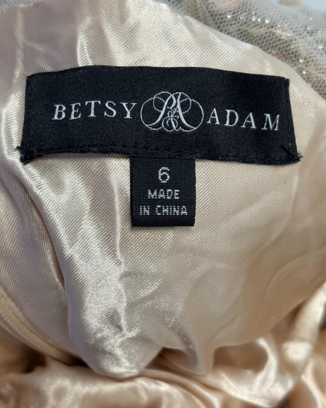 Betsy & Adam Champagne Embellished Halter Neck Gown