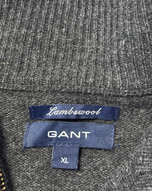 GANT Men's Grey 100% Lambswool Full-Zip Mock Neck Sweater