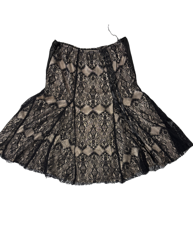 Vintage Black Lace Overlay Beige Flared Mini Skirt - L