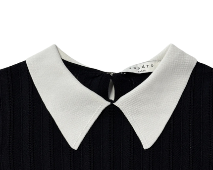 Sandro Black Ribbed Knit Sweater with White Contrast Collar
