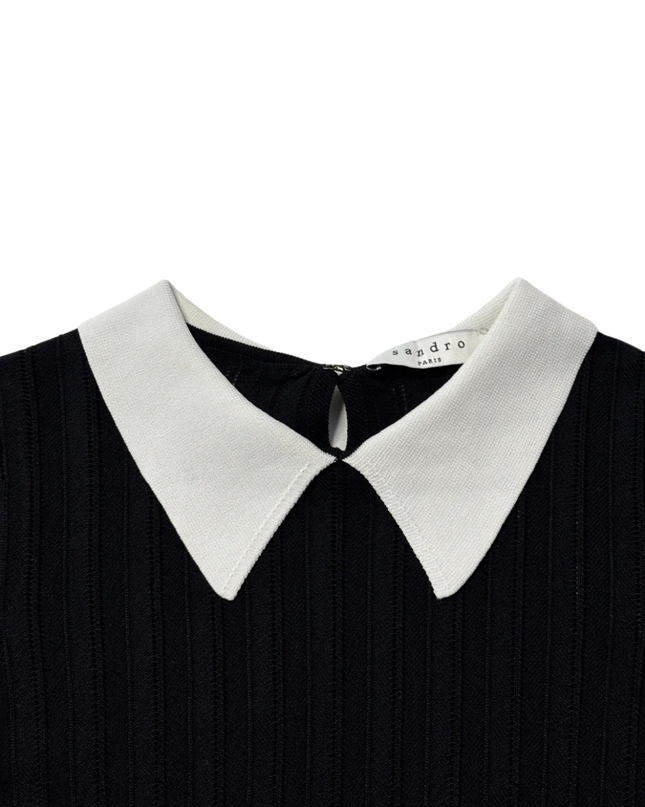 Sandro Black Ribbed Knit Sweater with White Contrast Collar