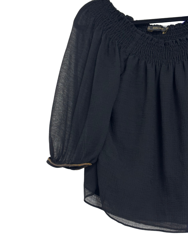 Zara Basic Black Off-the-Shoulder Smocked Blouse