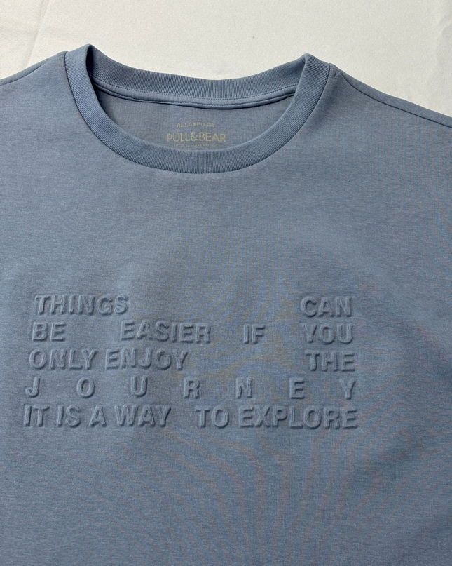 Pull & Bear Blue Relaxed Fit Embossed Graphic T-Shirt
