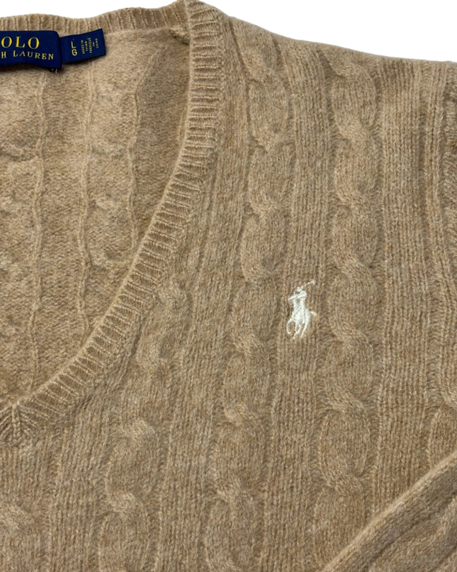 Polo Ralph Lauren Brown Cable Knit Wool-Cashmere V-Neck Sweater