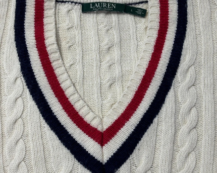 Lauren Ralph Lauren Cream Cable Knit Varsity V-Neck Sweater