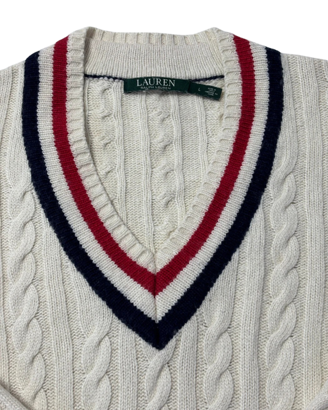 Lauren Ralph Lauren Cream Cable Knit Varsity V-Neck Sweater