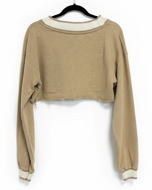 Bershka Beige Nashville Varsity V-Neck Crop Top