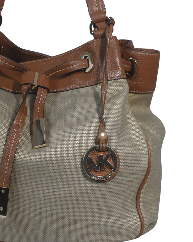 Michael Kors Beige Metallic Woven Drawstring Shoulder Bag