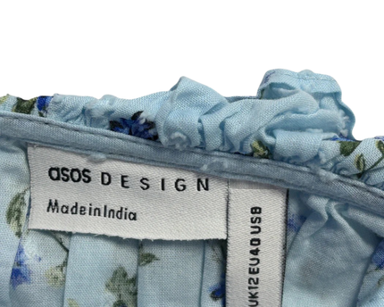 ASOS DESIGN Blue Floral Flare Sleeve Lace Trim Blouse