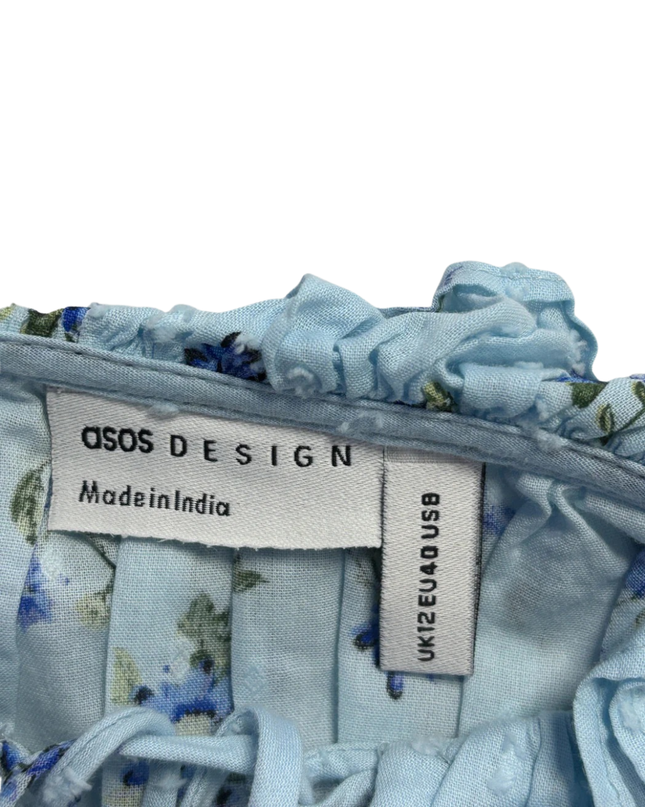 ASOS DESIGN Blue Floral Flare Sleeve Lace Trim Blouse
