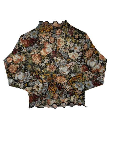 Vintage Floral Mesh See-Through Ruffle Top - XS