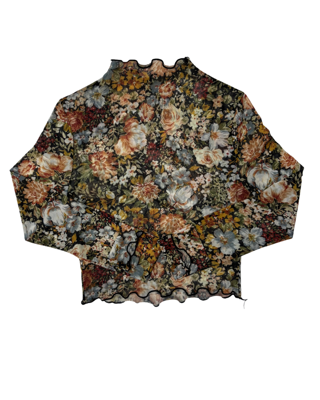 Vintage Floral Mesh See-Through Ruffle Top - XS