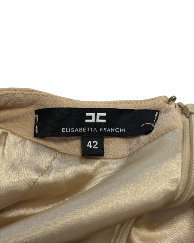 Elisabetta Franchi Beige Virgin Wool Blend Mini Dress with Fringe Hem