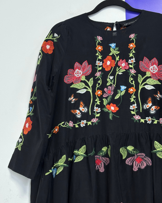 Zara Woman Black Floral Embroidered Mini Dress
