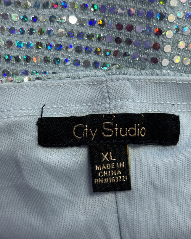 City Studio Light Blue Holographic Sequined Cowl Neck Mini Dress