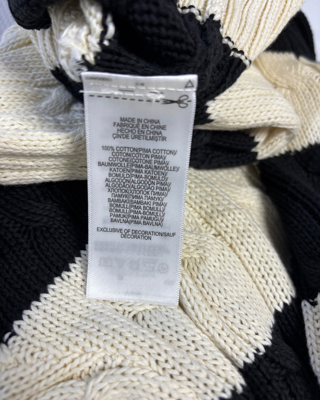 Polo Ralph Lauren Black and White Striped Cable Knit Pima Cotton Sweater
