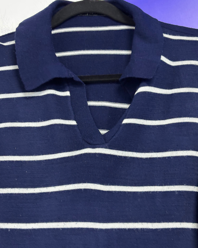 Trendyol Navy Blue Striped Polo Collar Knit Sweater