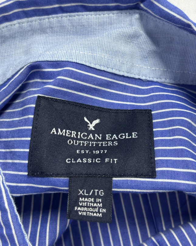 American Eagle Blue and White Striped Button Down Shirt