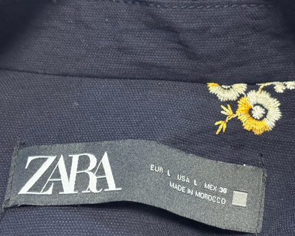 Zara Navy Blue Floral Embroidered Double-Breasted Blazer