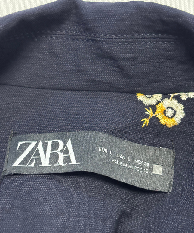 Zara Navy Blue Floral Embroidered Double-Breasted Blazer