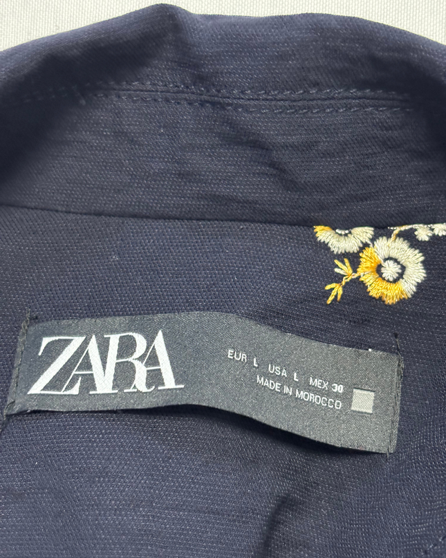 Zara Navy Blue Floral Embroidered Double-Breasted Blazer