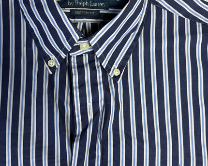 Polo Ralph Lauren Navy Blue Striped Custom Fit Long Sleeve Button-Down Shirt