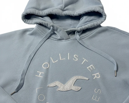 Hollister Light Blue Graphic Hoodie with Sleeve Stripes