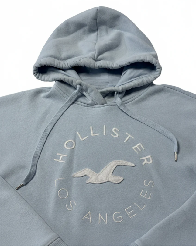 Hollister Light Blue Graphic Hoodie with Sleeve Stripes