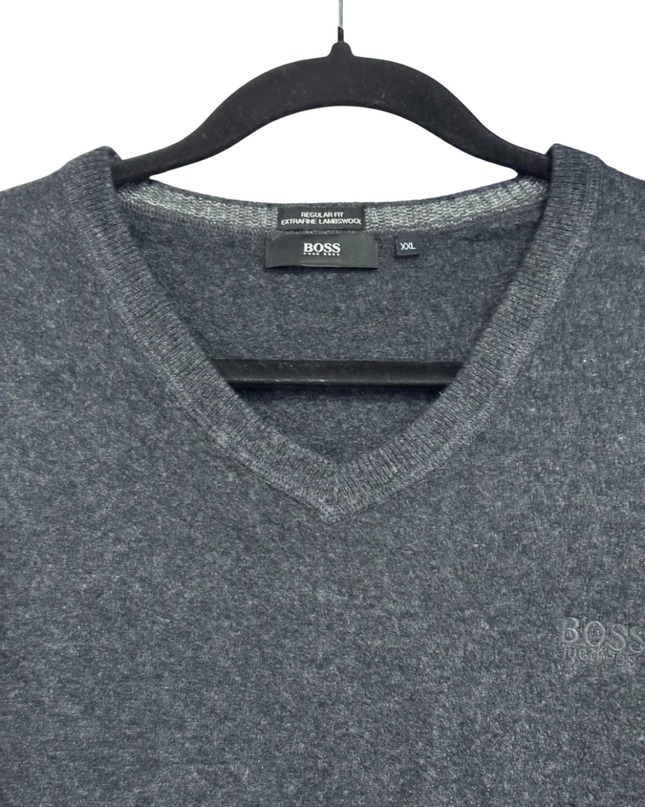 Hugo Boss Grey Extrafine Lambswool V-Neck Sweater